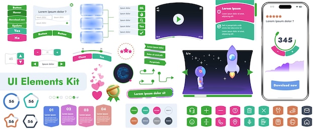 Vector a set of user interface elements ui kit intended for use in mobile applications and websites it contains a large collection of icons buttons and has cartoonish rounded shapes