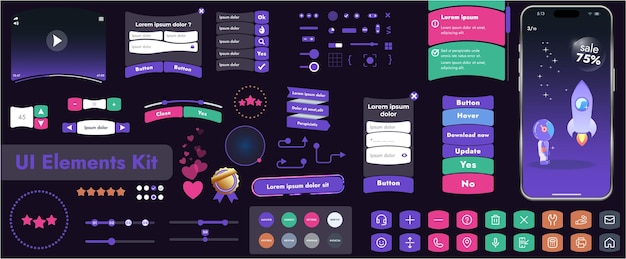 Vector a set of user interface elements ui kit intended for use in mobile applications and websites it contains a large collection of icons buttons and has cartoonish rounded shapes