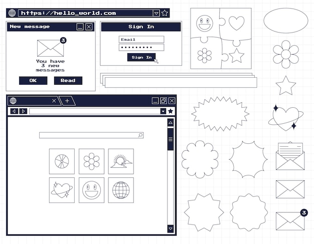 Vector set of various user interface elements and stickers nostalgic retro y2k old computer style web browser window new notification message search bar authorization window vector illustration