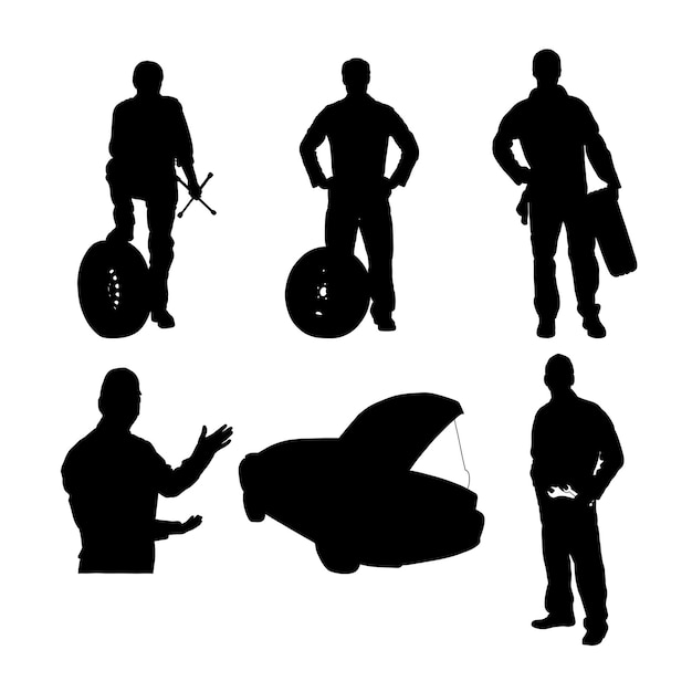 set of vector car service workers silhouette