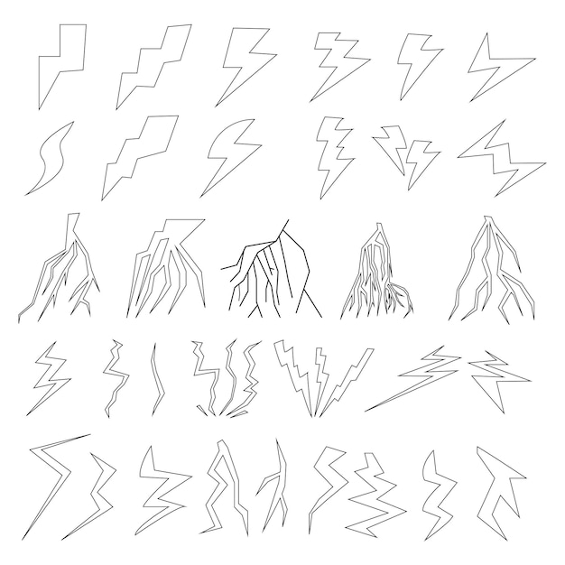 Vector set of vector cartoon sketches of lightning