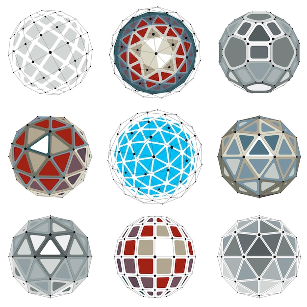 Vector set of vector dimensional wireframe low poly objects, spherical facet shapes with grid. technology 3d mesh elements collection can be used as design forms in engineering.