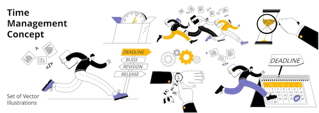 Vector a set of vector illustrations on the topic of time management and working time estimation