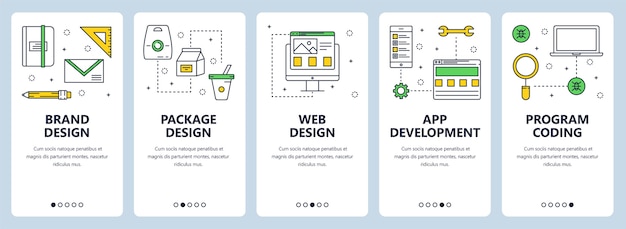 Vector  set of vertical banners with brand , package design, web design, app development, program coding concept website templates. modern thin line flat style design.