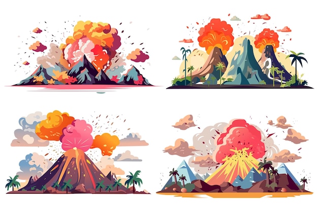 Vector set of volcanoes in the cartoon design an artistic design depicting a set of majestic volcanoes