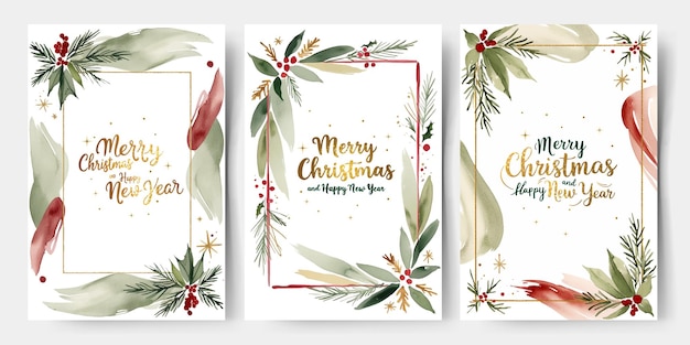 Vector set of watercolor frames with fir branches berries and golden lettering christmas cards backgrounds