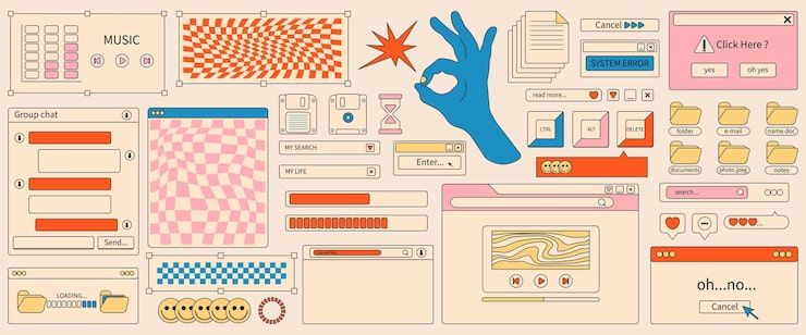 Set of web design user interface in Y2K style Retro elements icons buttons computer screen folde