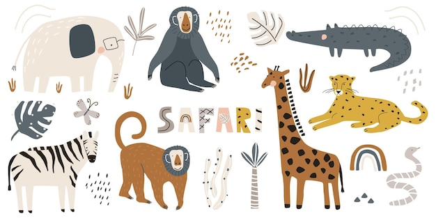 Vector set with cute wild animals elephant crocodile leopard giraffe and monkey vector illustration