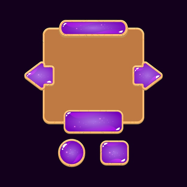 Vector set of wooden jelly gui board pop up panel and button
