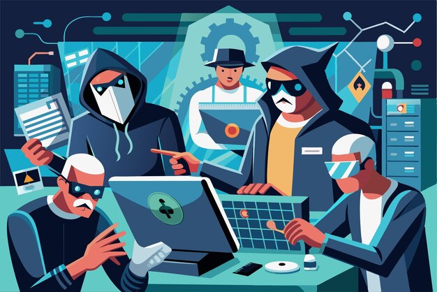Vector several hackers are collaborating to breach computer data within a dimly lit workspace hackers break into pc data
