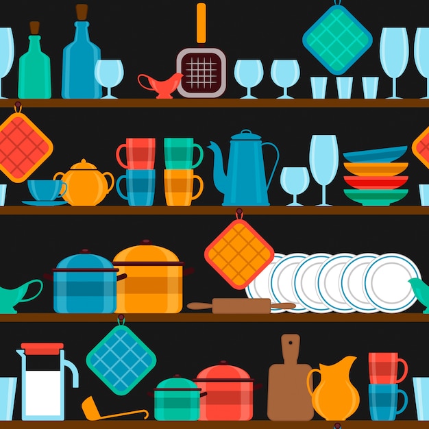 Vector shelves with dishes, seamless background. 