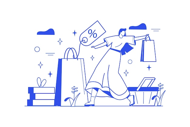 Vector shopping line concept with people scene in the flat cartoon design a girl buys a lot of things