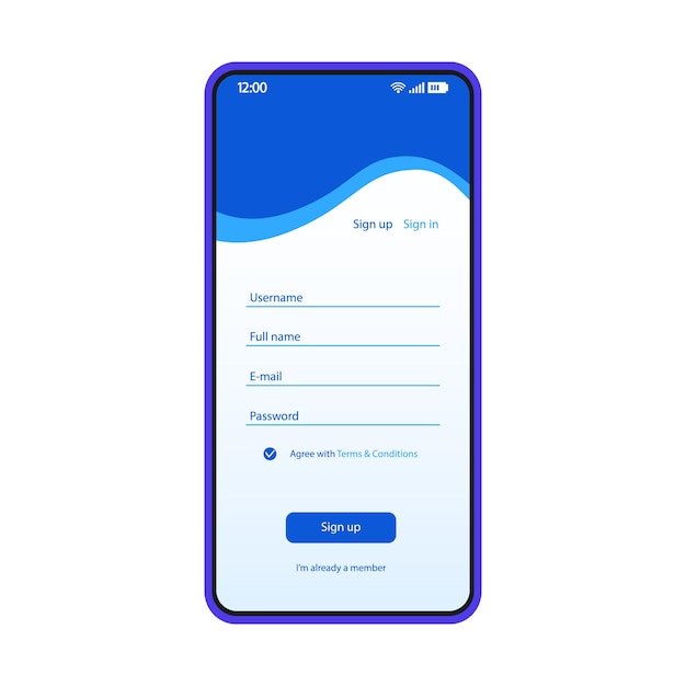 Vector sign up form smartphone interface vector template. mobile app blue design layout. register fields page screen. flat ui for application. new user registration. create account. sign in. phone display