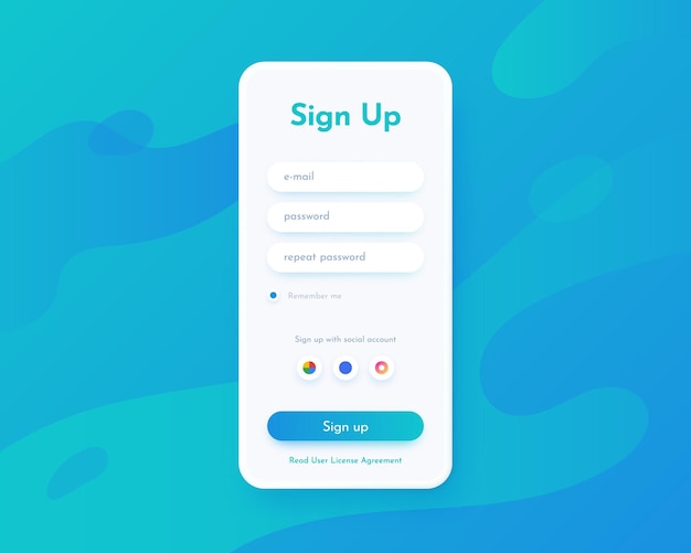 Vector sign up screen mobile app ui for registration with login and password fields and buttons phone web page mockup website interface for account access vector internet profile template