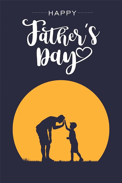 Vector silhouette of father and son giving high-five with text happy father's day, vector