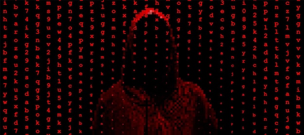 Vector silhouette of a hacker on a background with binary code and lights, hacking of a computer system, theft of data