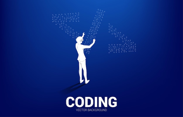 Vector silhouette man wear vr glasses and dot connect line circuit board style software development programming tag icon concept for programming language technology and coding