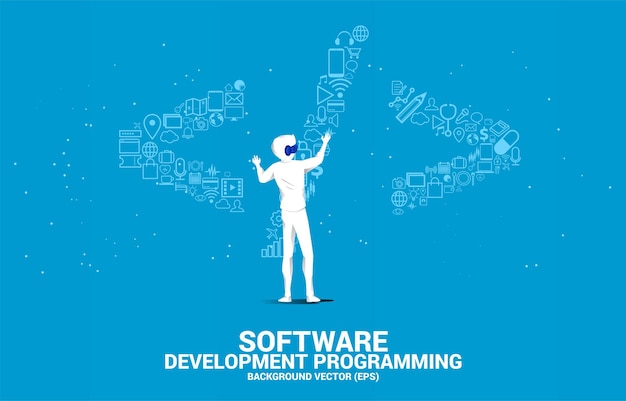 Vector silhouette man wear vr glasses and software development programming tag with functional utility icon concept for programming language technology and coding