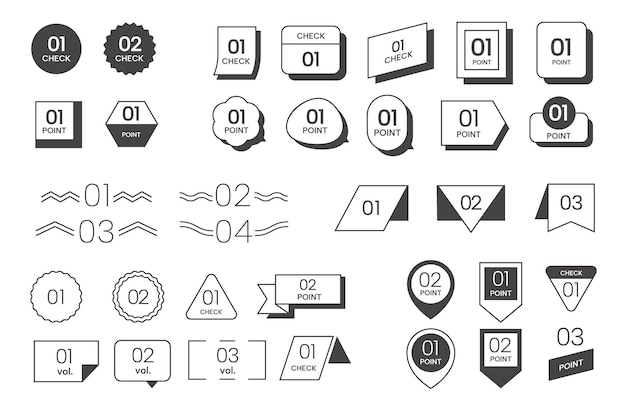 Vector simple list element title frame doodle geometric figures with numbers forms and shapes check marks and memo banners vector number bullet point isolated set