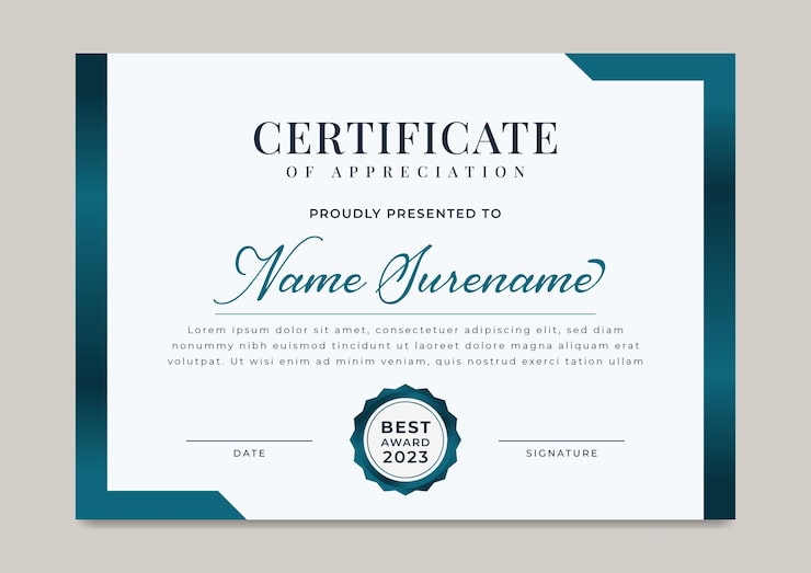 Vector simple and modern certificate of achievement with gold badge template