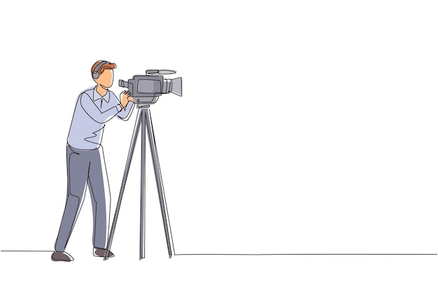 Vector single one line drawing professional cameraman operator videographer with camera vector