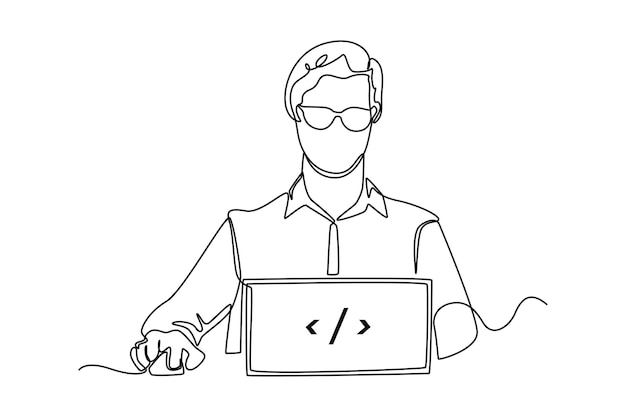 Vector single one line drawing programmers or developers make programming language code in front of the computer programming code concept continuous line draw design graphic vector illustration