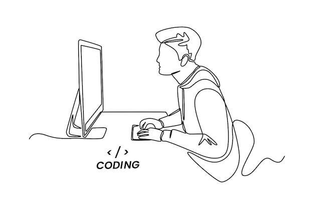Vector single one line drawing programmers or developers make programming language code in front of the computer programming code concept continuous line draw design graphic vector illustration