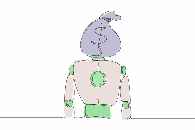 Vector single one line drawing robot with money bag instead of head future technology development vector