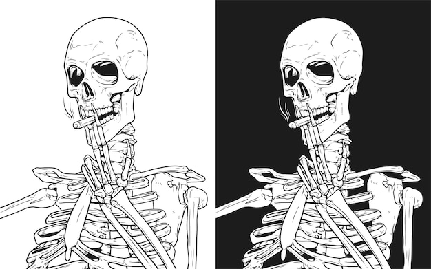 Vector skeleton smoking cigarette line art vector illustration
