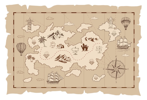 Vector sketch of an old pirate treasure map handdrawn illustrations vector