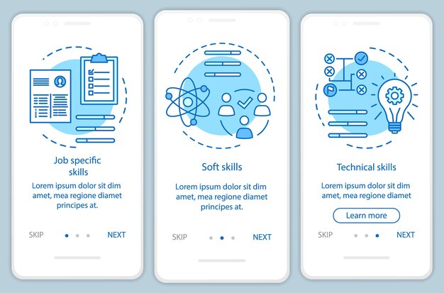 Vector skills blue onboarding mobile app page screen vector template. employee abilities, hard skills walkthrough website steps with linear illustrations. ux, ui, gui smartphone interface concept