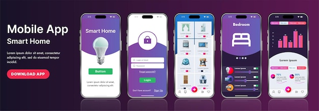 Vector a sleek smart home application interface template featuring modern icons and a gradient design includes navigation menus for managing devices monitoring security controlling temperature