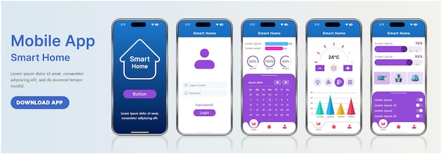Vector a sleek smart home application interface template featuring modern icons and a gradient design includes navigation menus for managing devices monitoring security controlling temperature