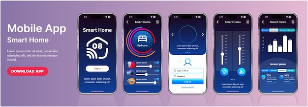 Vector a sleek smart home application interface template featuring modern icons and a gradient design includes navigation menus for managing devices monitoring security controlling temperature