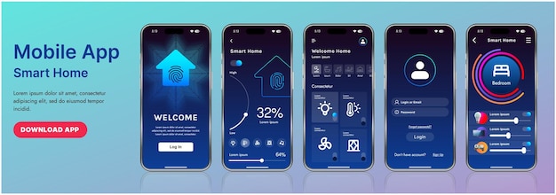 Vector a sleek smart home application interface template featuring modern icons and a gradient design includes navigation menus for managing devices monitoring security controlling temperature