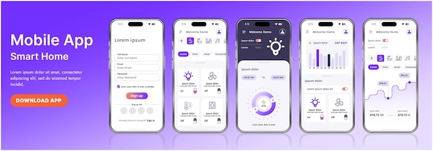 Vector a sleek smart home application interface template featuring modern icons and a gradient design includes navigation menus for managing devices monitoring security controlling temperature