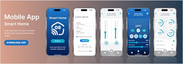 Vector a sleek smart home application interface template featuring modern icons and a gradient design includes navigation menus for managing devices monitoring security controlling temperature