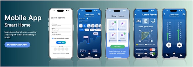 Vector a sleek smart home application interface template featuring modern icons and a gradient design includes navigation menus for managing devices monitoring security controlling temperature