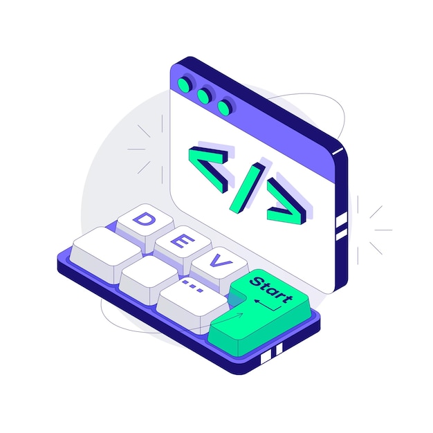 Vector small mini keyboard with programming inscription dev developer concept isometric vector