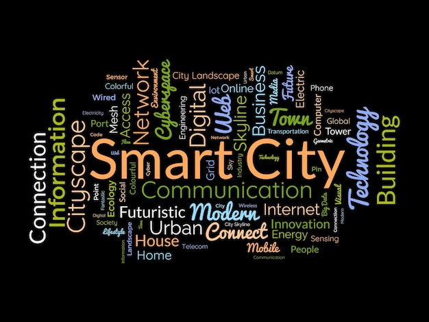 Vector smart city wordcloud template cityscape technology concept vector background