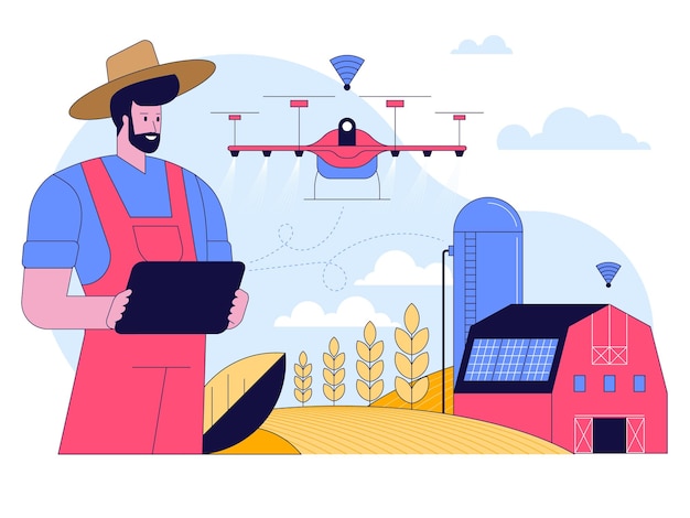 Vector smart farming concept farmer runs farm on tablet using data and drones growing wheat
