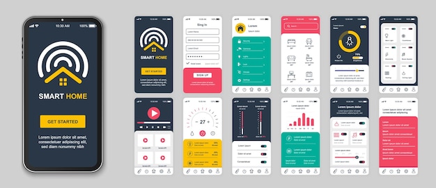 Vector smart home mobile app screens set for web templates pack of login online monitoring sensors cctv camera system automation other mockups ui ux gui user interface kit for layouts vector design