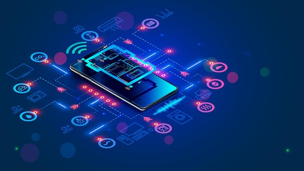 Vector smart home system develop internet of things engineering design digital infrastructure of house configuration scripting of work smart devices phone app control iot through 5g internet connection
