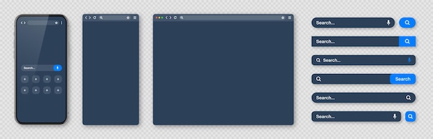 Vector smartphone blank internet browser window and search bar templates dark mode web site engine with search box address bar and text field ui design website interface elements vector illustration