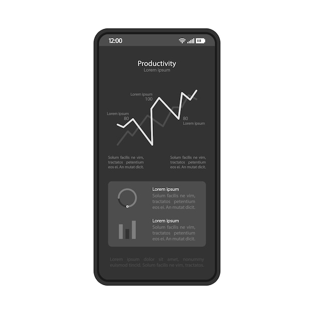Vector smartphone dashboard interface vector template mobile productivity page black design layout statistics screen flat application ui data analysis app phone display with analytics diagram