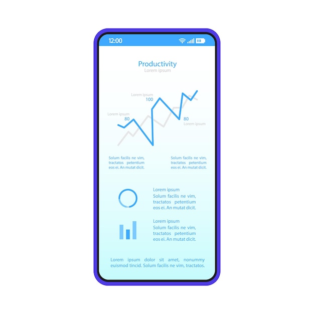 Vector smartphone dashboard interface vector template. mobile productivity page blue design layout. statistics screen. flat application ui. data analysis app. phone display with analytics diagram