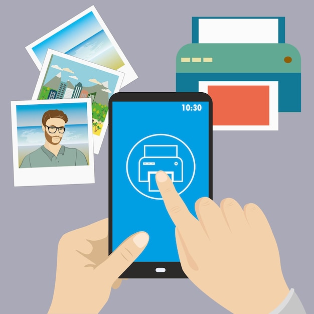 Vector smartphone in hand finger presses on the print icon printer and pictures flat design vector