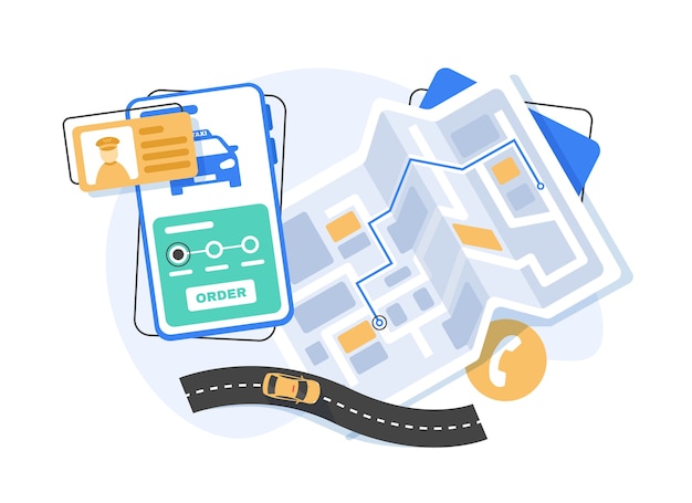 Vector smartphone with mobile navigation app on screen,route map with symbols showing location of man. global positioning system concept design element in flat style