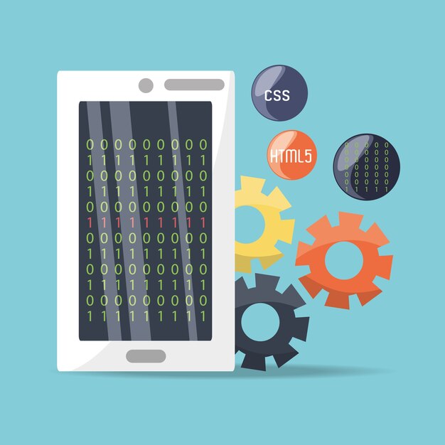 Vector smartphone with programming coding on screen 