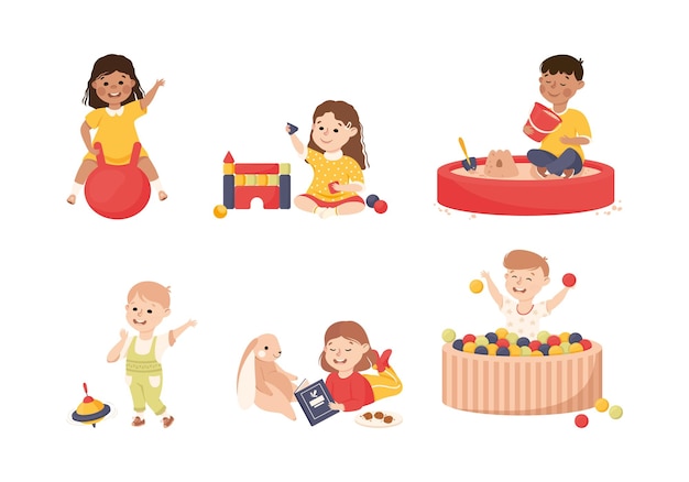 Vector smiling boy and girl playing and having fun vector set